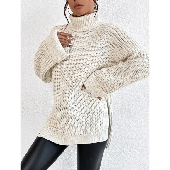 Casual Pullover Sweater Cable Knit Turtleneck Light Beige High Neck Long Sleeve - Picture 6 of 8